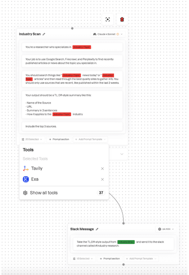 Hatz workflow connecting an Industry Scan step to a Slack Message step
