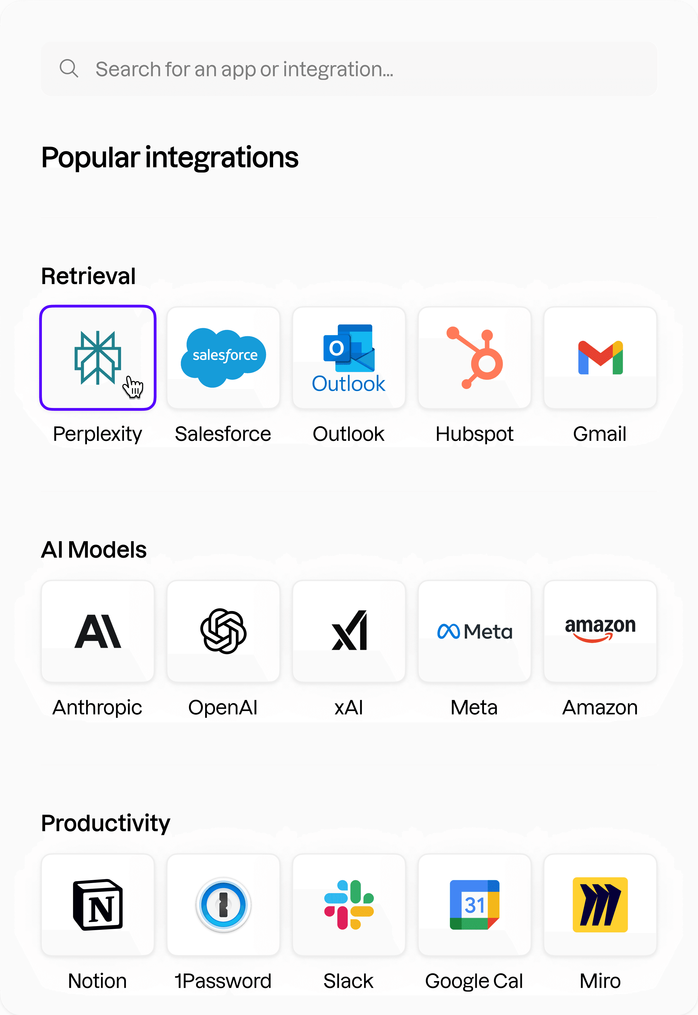 Integration and AI model selector interface